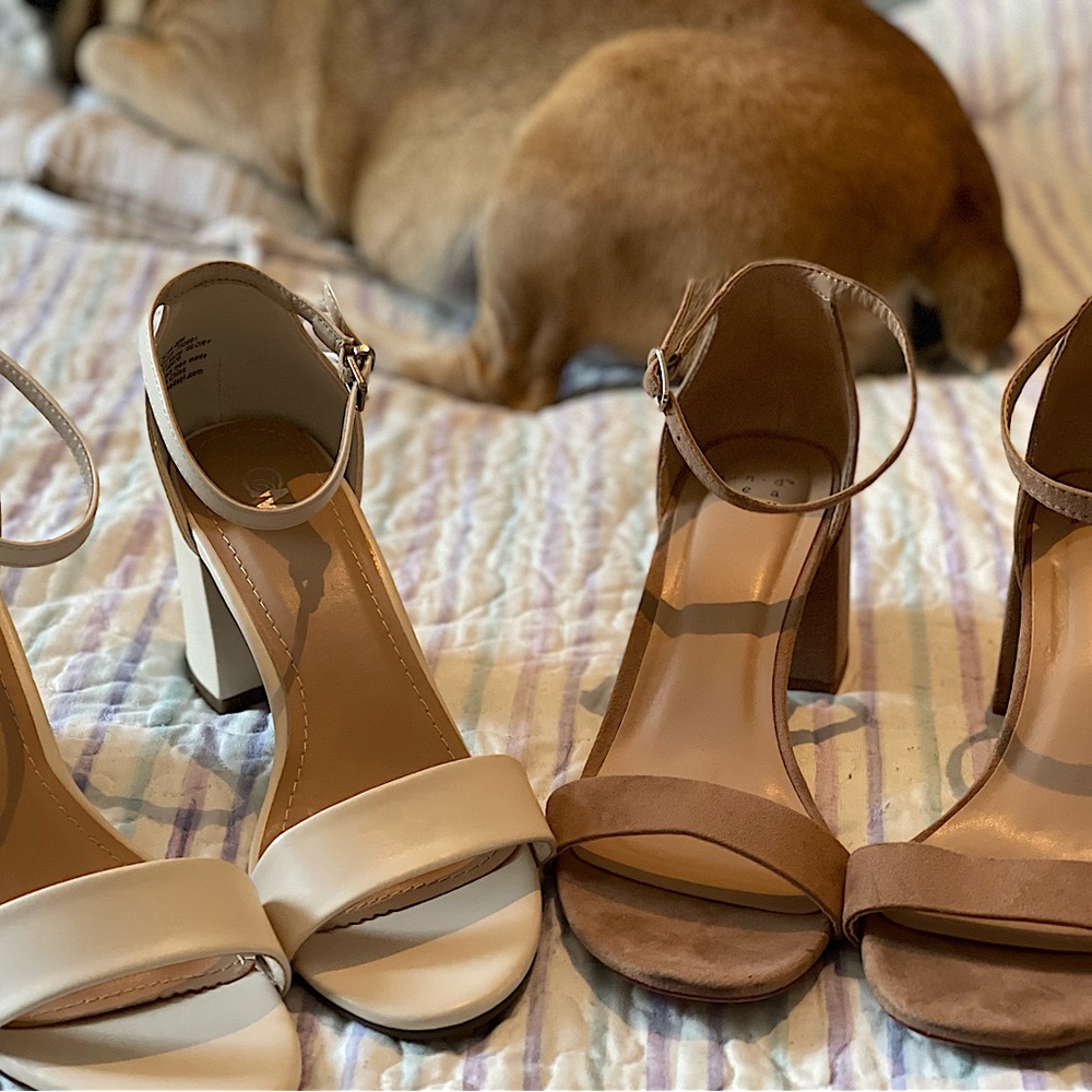 shoes, brown pair worn but still in good shape. Beige pair never worn